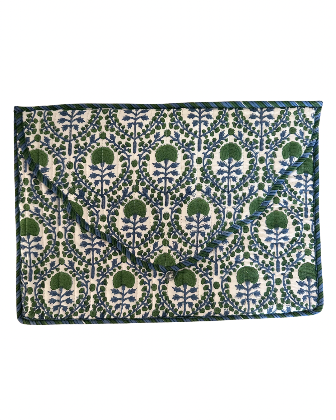 BLUE AND GREEN TRELLIS LAPTOP CASE WITH STRIPED BORDER