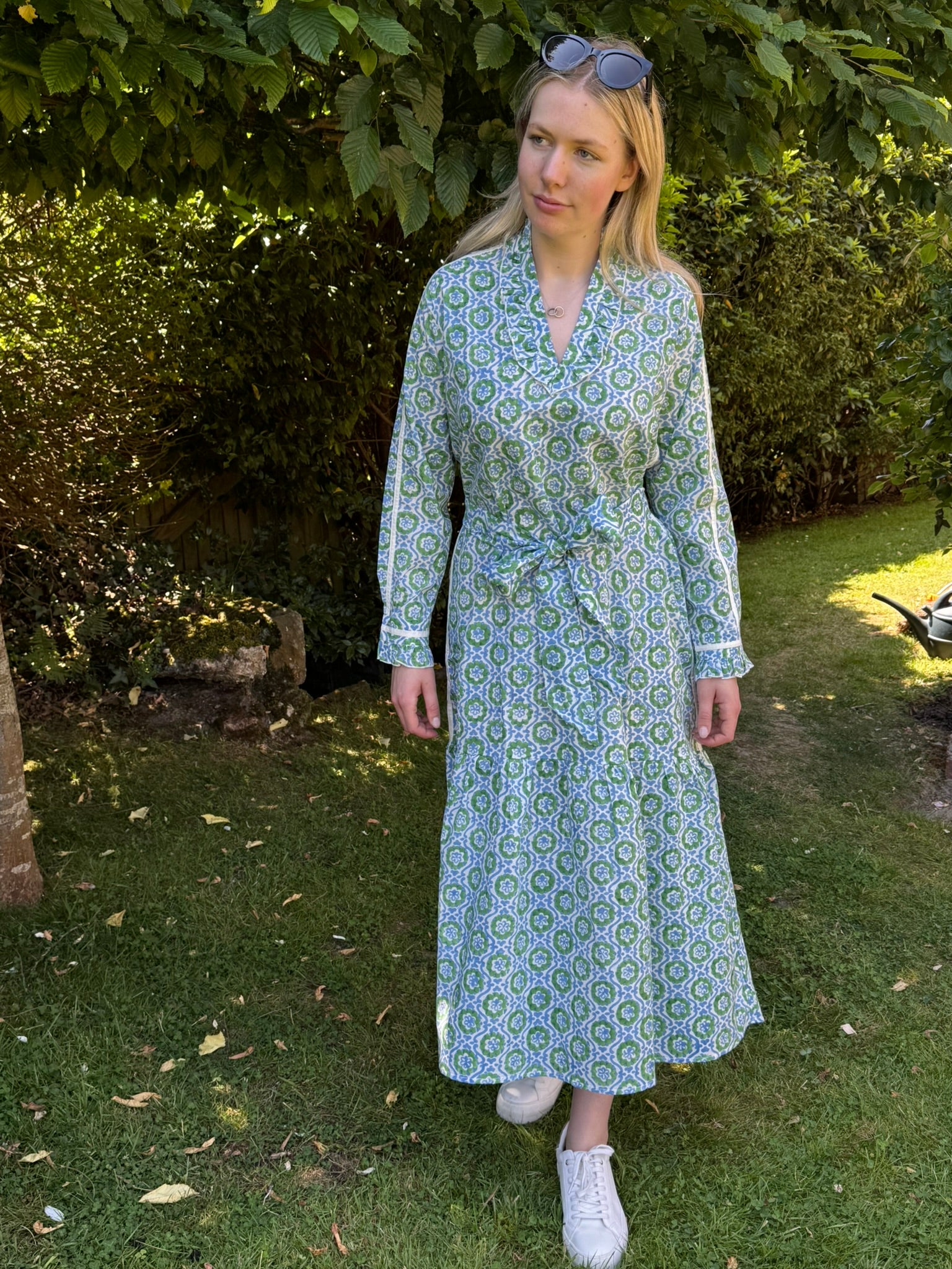 BLUE AND GREEN SPIRAL FLORAL FLORENCE DRESS – KaHo Prints