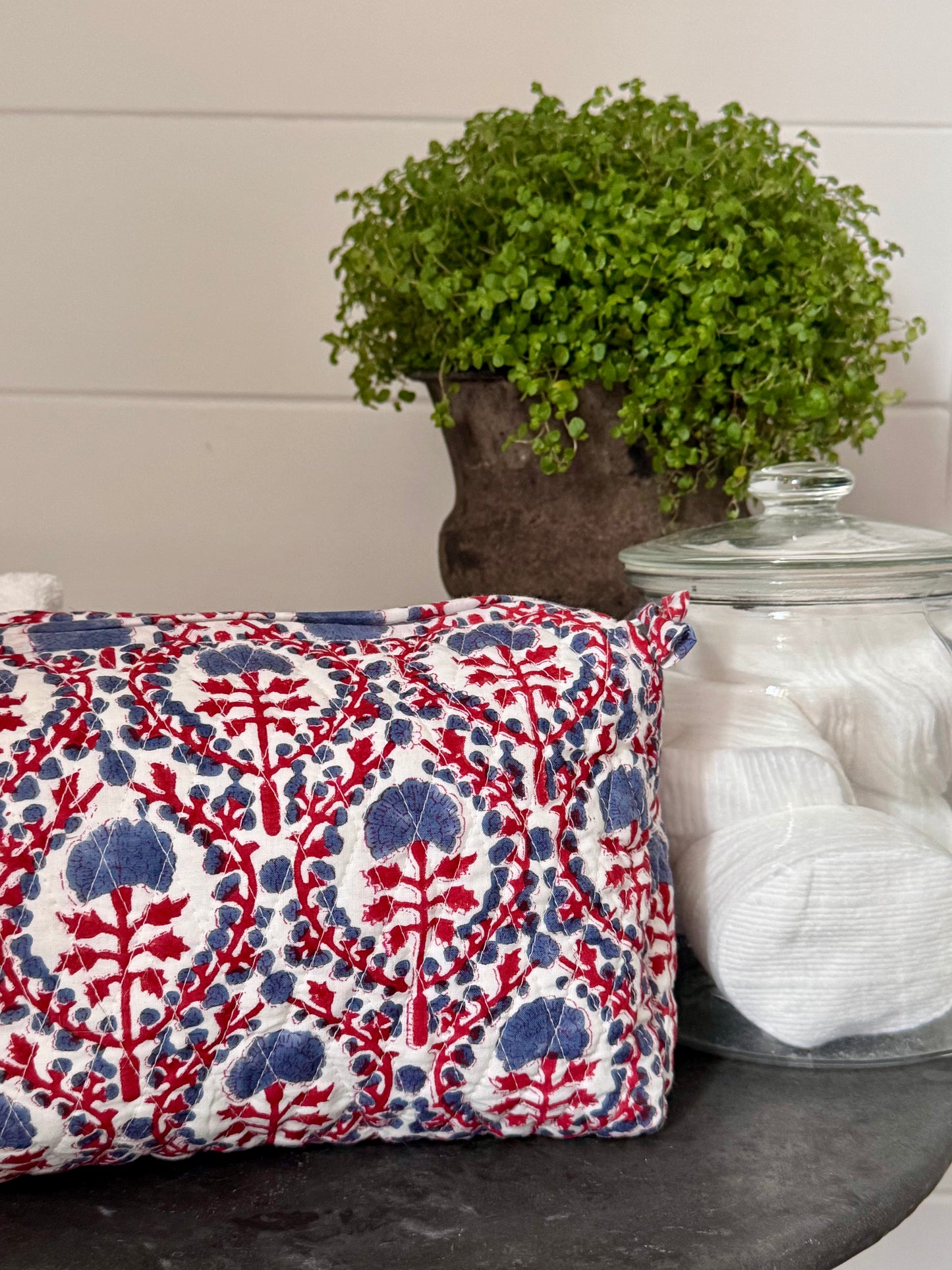RED AND BLUE TRELLIS MAKEUP BAG