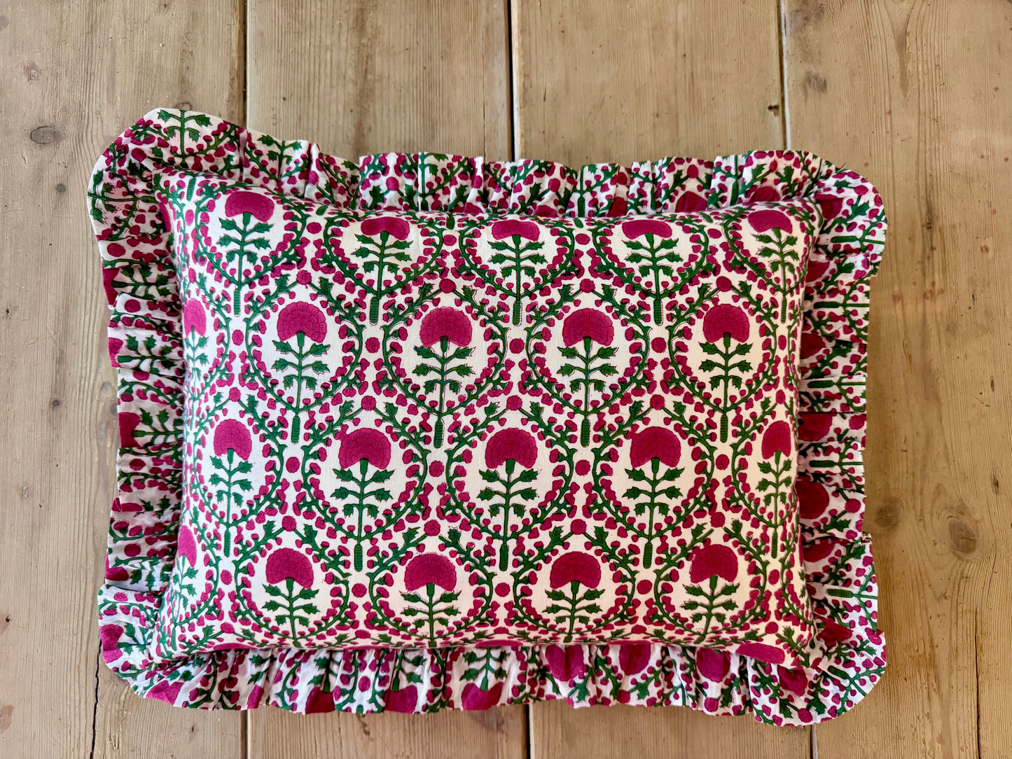 PINK AND GREEN TRELLIS FRILLY CUSHION