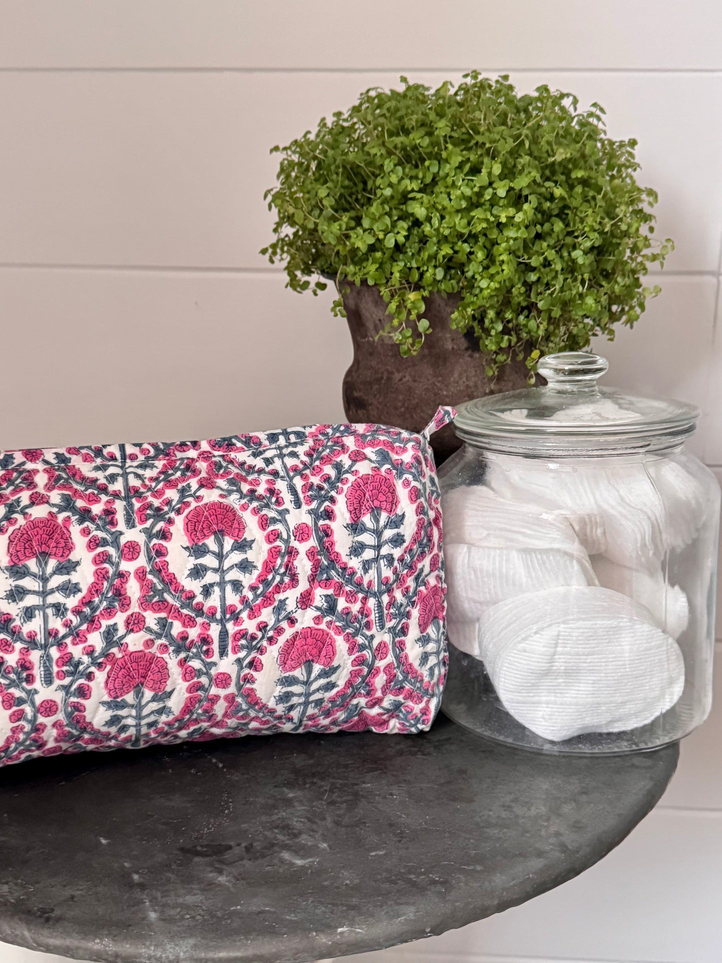 BLUE AND PINK TRELLIS MAKEUP BAG