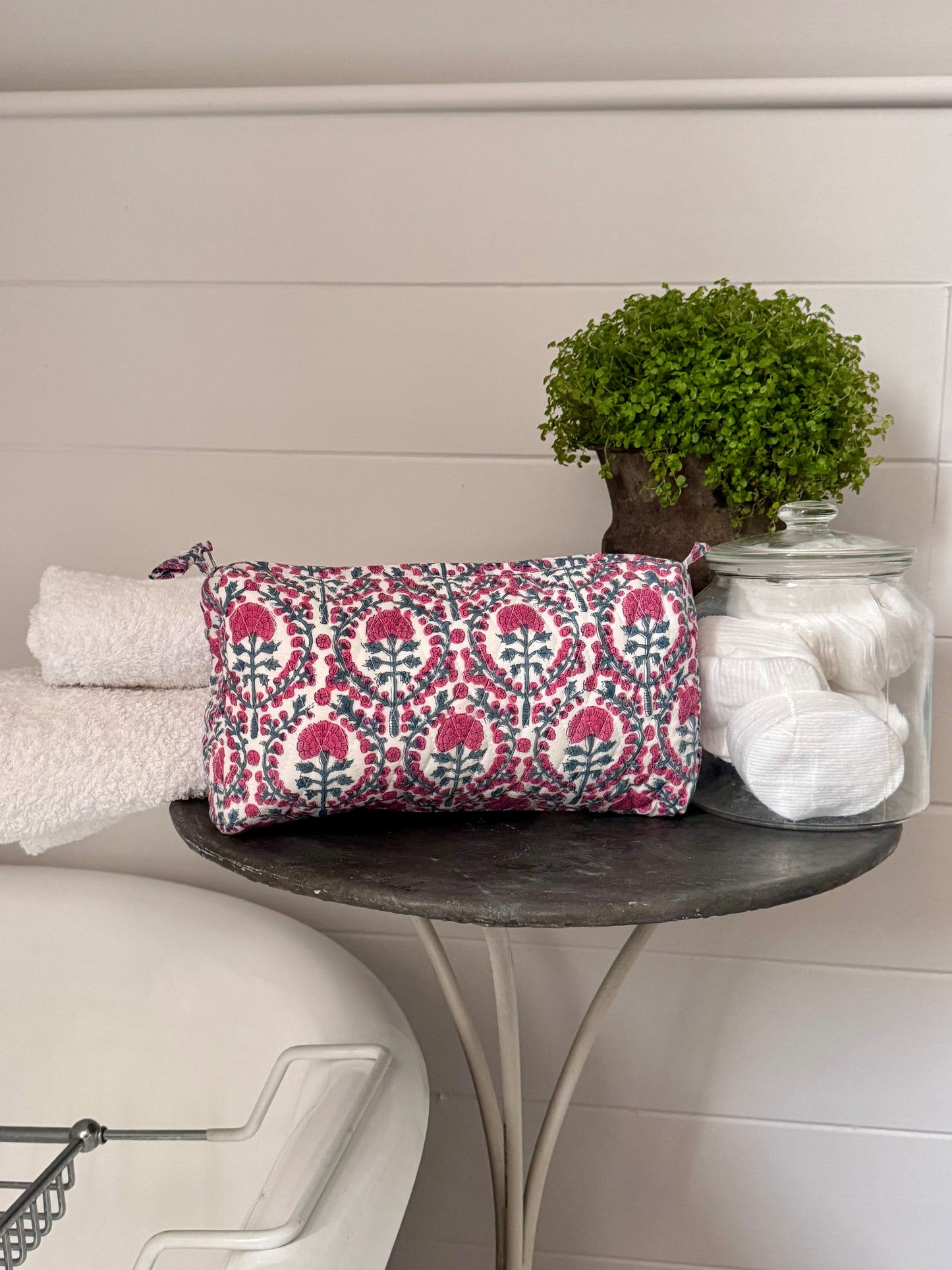 BLUE AND PINK TRELLIS MAKEUP BAG