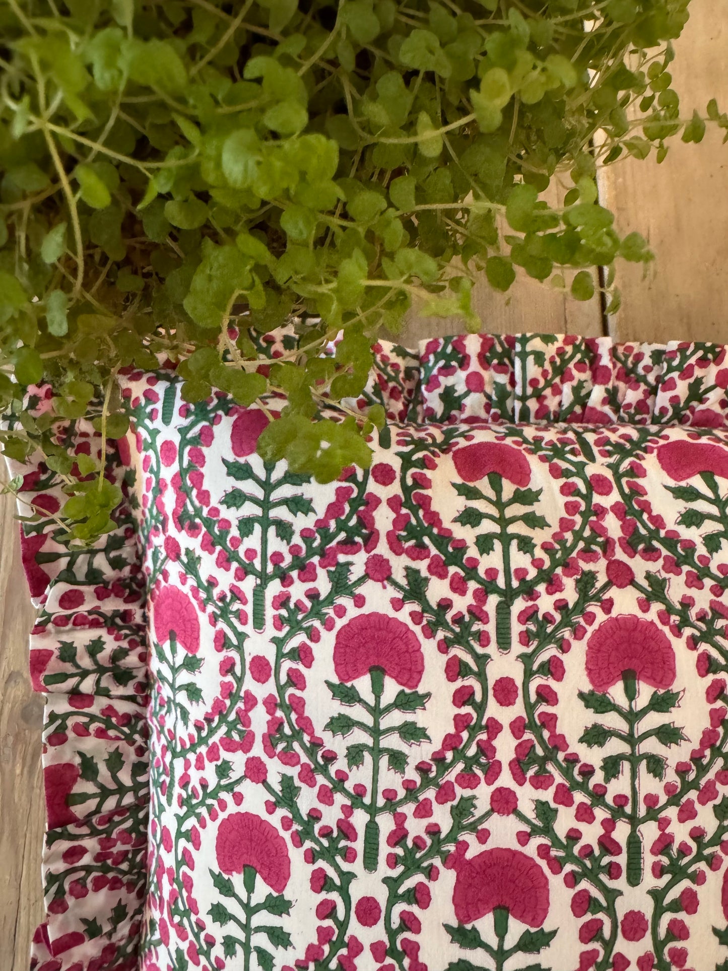 PINK AND GREEN TRELLIS FRILLY CUSHION