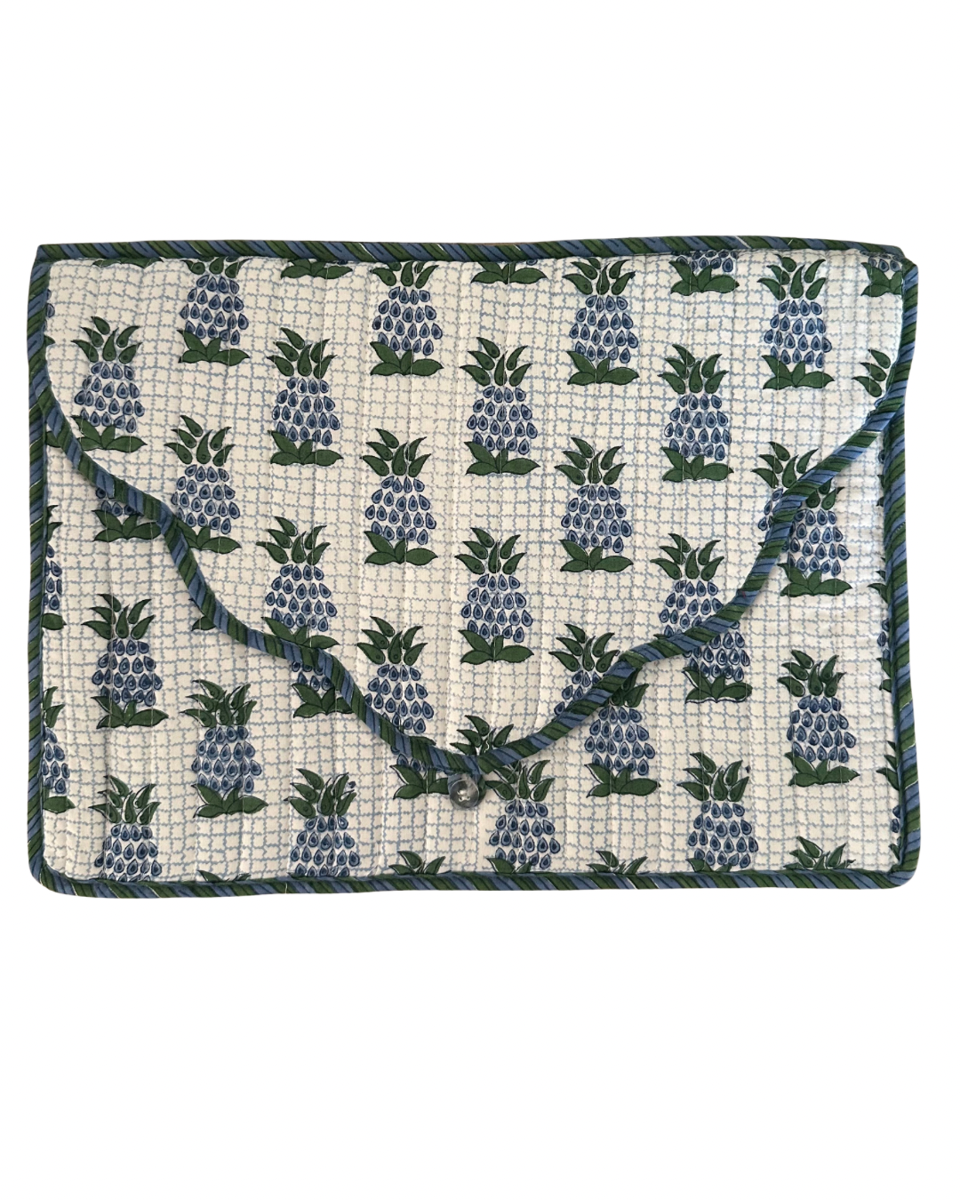 BLUE AND GREEN PINEAPPLE LAPTOP CASE WITH STRIPED BORDER