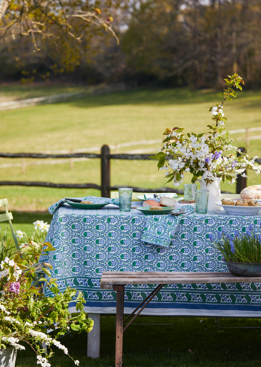 BLUE AND GREEN TRELLIS TABLECLOTH