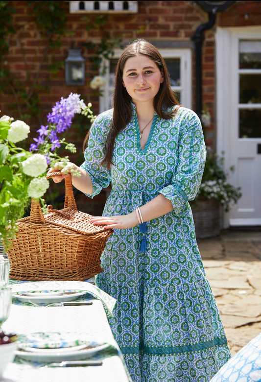 BLUE AND GREEN SPIRAL FLORAL LOTTIE DRESS