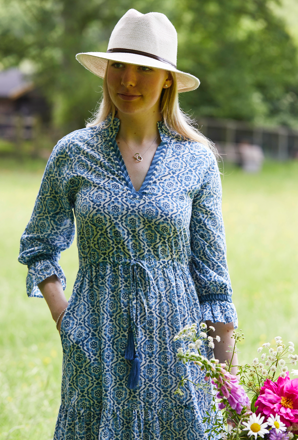 BLUE SPIRAL FLORAL LOTTIE DRESS