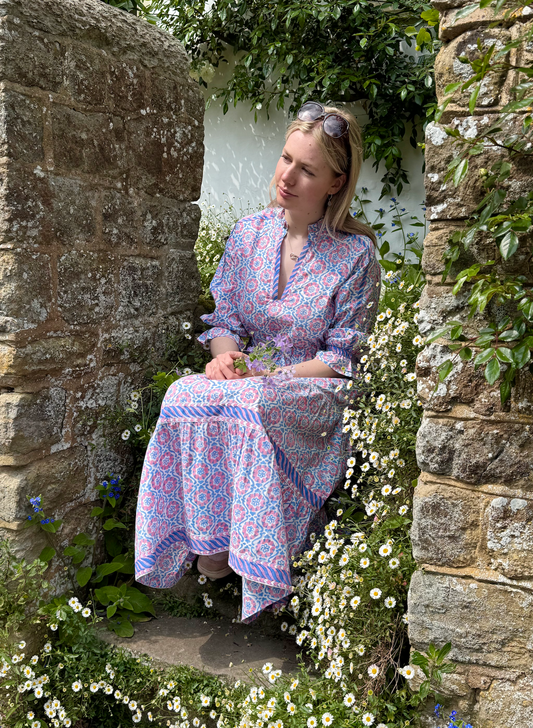 PINK AND BLUE SPIRAL FLORAL LOTTIE DRESS