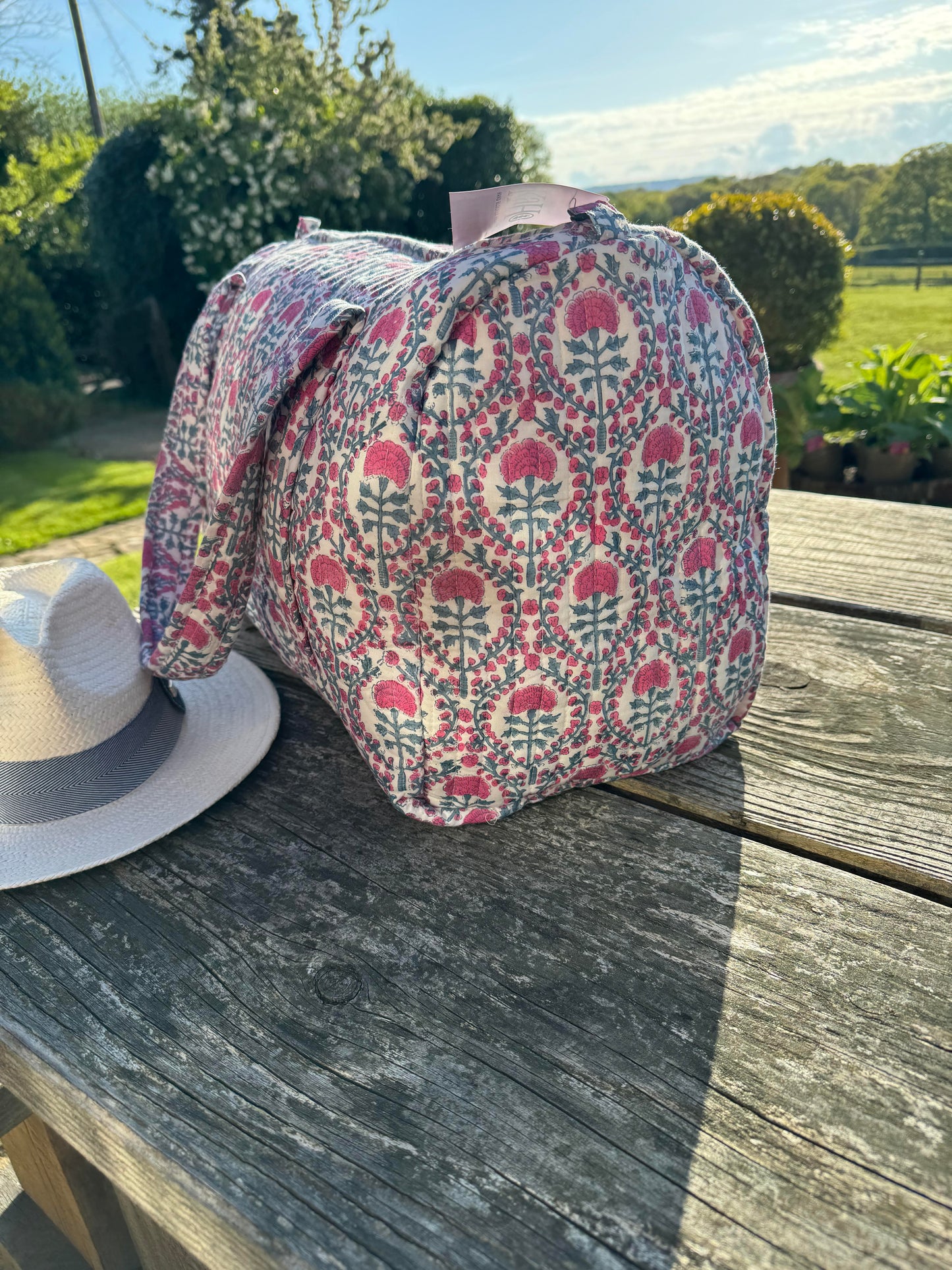 PINK AND BLUE TRELLIS WEEKEND BAG