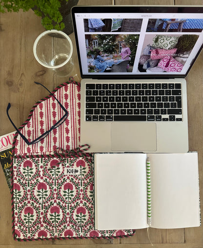 PINK AND GREEN TRELLIS LAPTOP CASE WITH STRIPED BORDER
