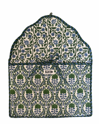 BLUE AND GREEN TRELLIS LAPTOP CASE WITH STRIPED BORDER