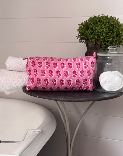 PINK BACKGROUND FLORAL MAKEUP BAG