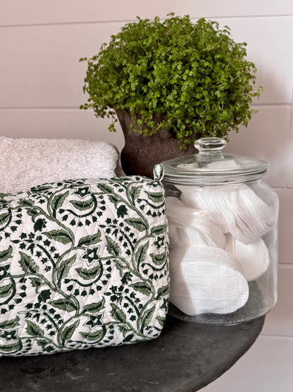 GREEN REVERSE FLORAL MAKEUP BAG