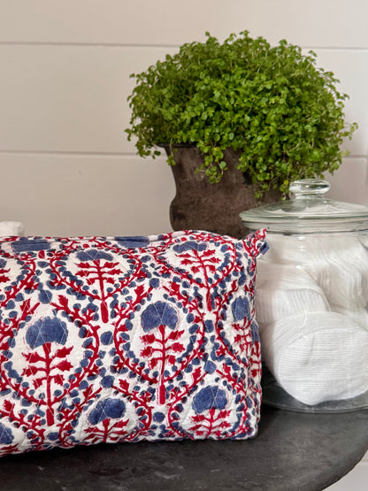 RED AND BLUE TRELLIS MAKEUP BAG