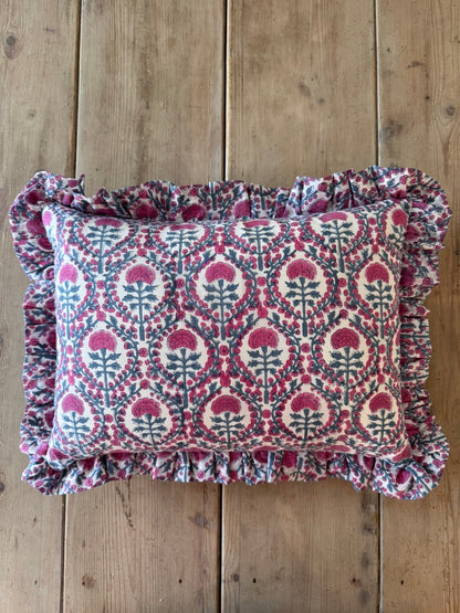 PINK AND BLUE TRELLIS FRILLY CUSHION