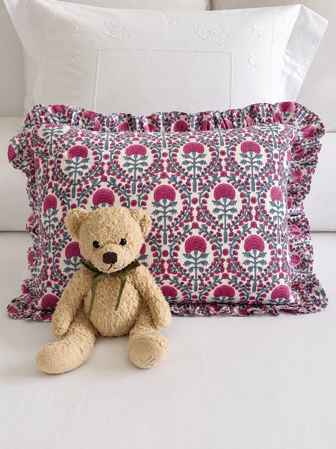 PINK AND BLUE TRELLIS FRILLY CUSHION