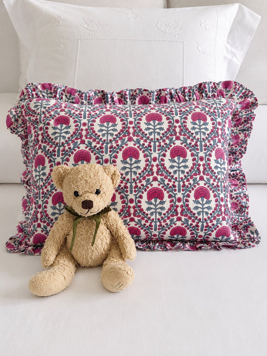 PINK AND BLUE TRELLIS FRILLY CUSHION