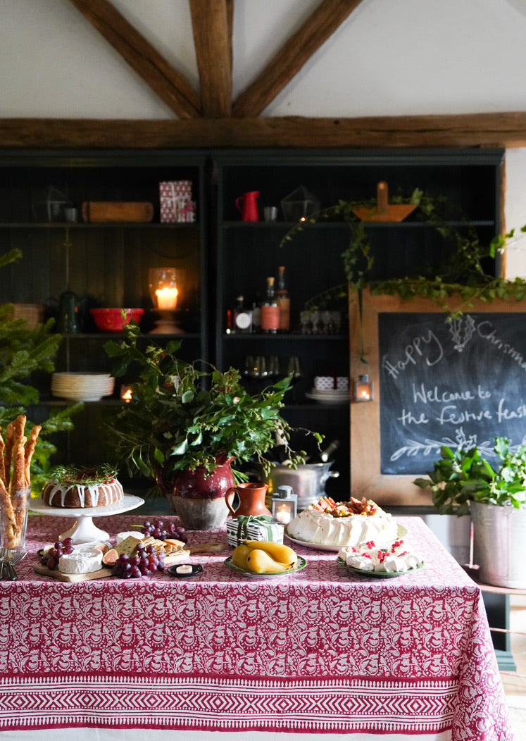 RED FLORAL CHRISTMAS TABLECLOTH