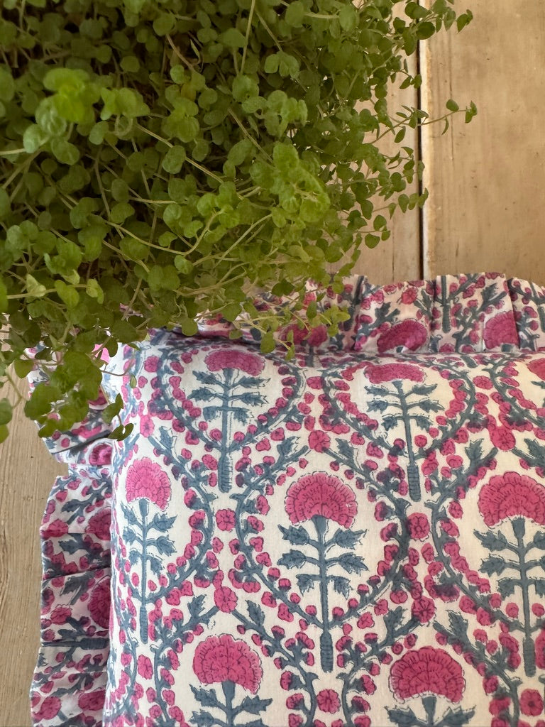 PINK AND BLUE TRELLIS FRILLY CUSHION