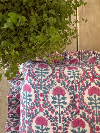 PINK AND BLUE TRELLIS FRILLY CUSHION