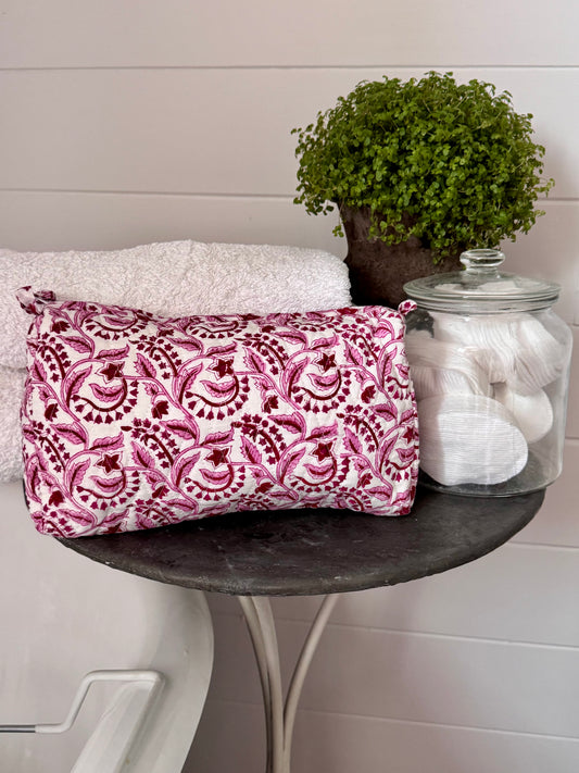 PINK AND RED REVERSE FLORAL MAKEUP BAG