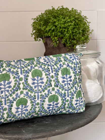 BLUE AND GREEN TRELLIS MAKEUP BAG
