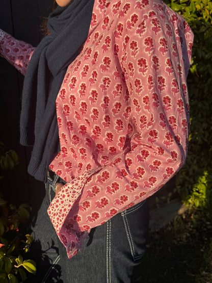 RED AND PINK BACKGROUND FLORAL SHIRT