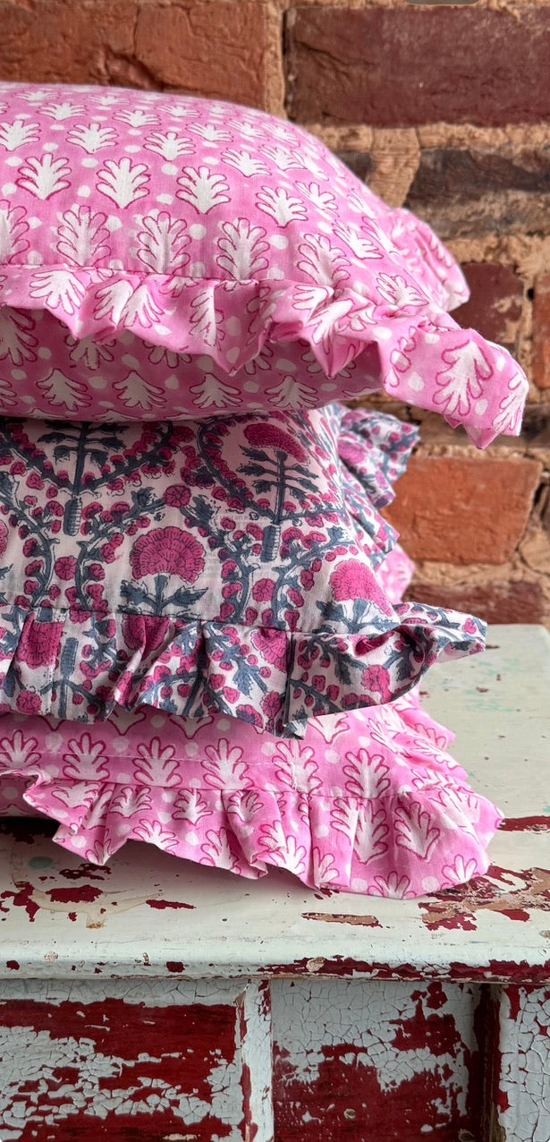 PINK AND BLUE TRELLIS FRILLY CUSHION