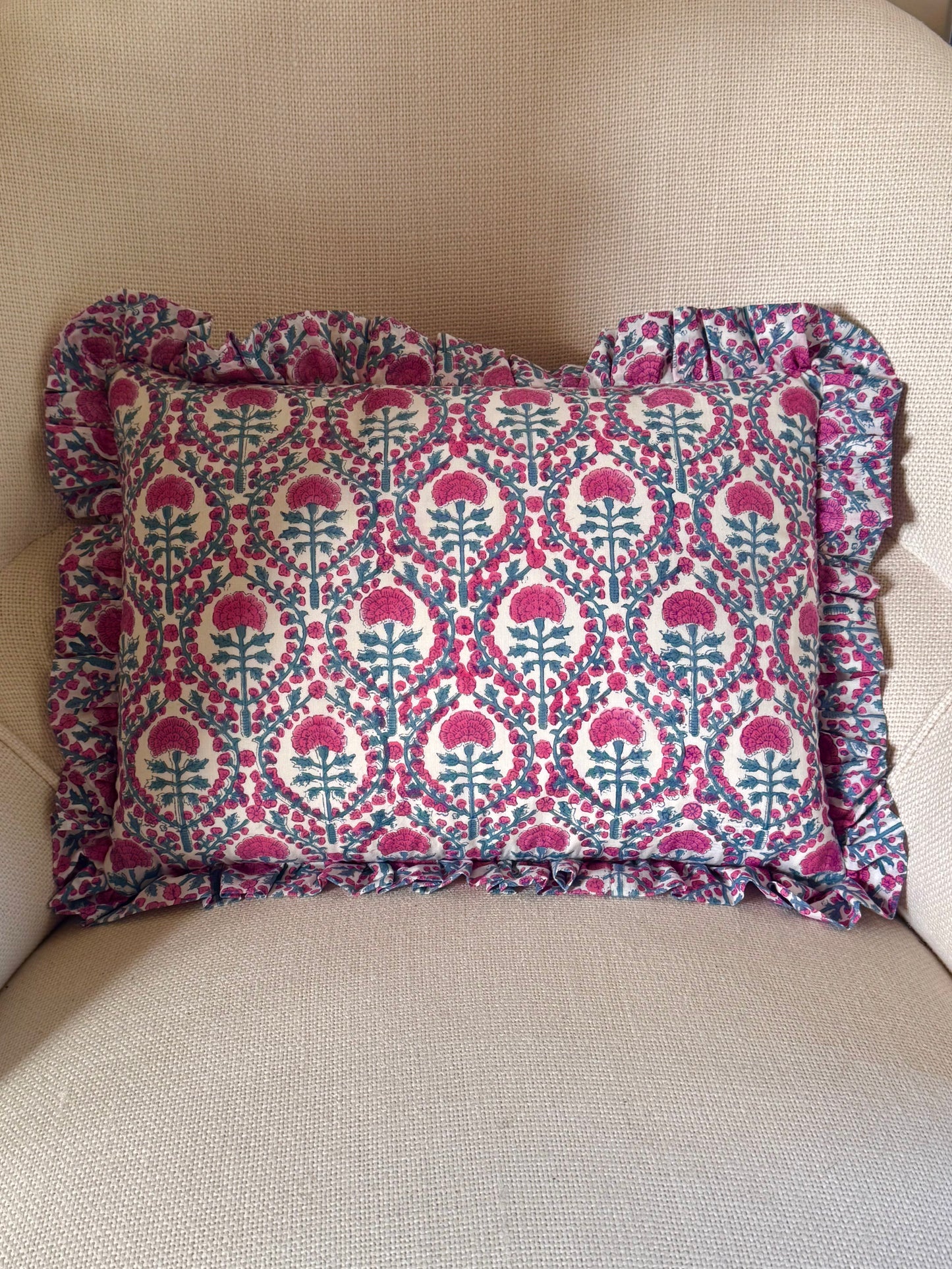 PINK AND BLUE TRELLIS FRILLY CUSHION