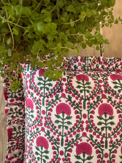 PINK AND GREEN TRELLIS FRILLY CUSHION