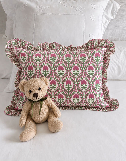 PINK AND GREEN TRELLIS FRILLY CUSHION