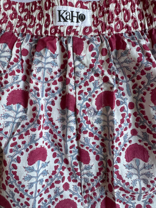 RASPBERRY AND BLUE TRELLIS BOXER SHORTS