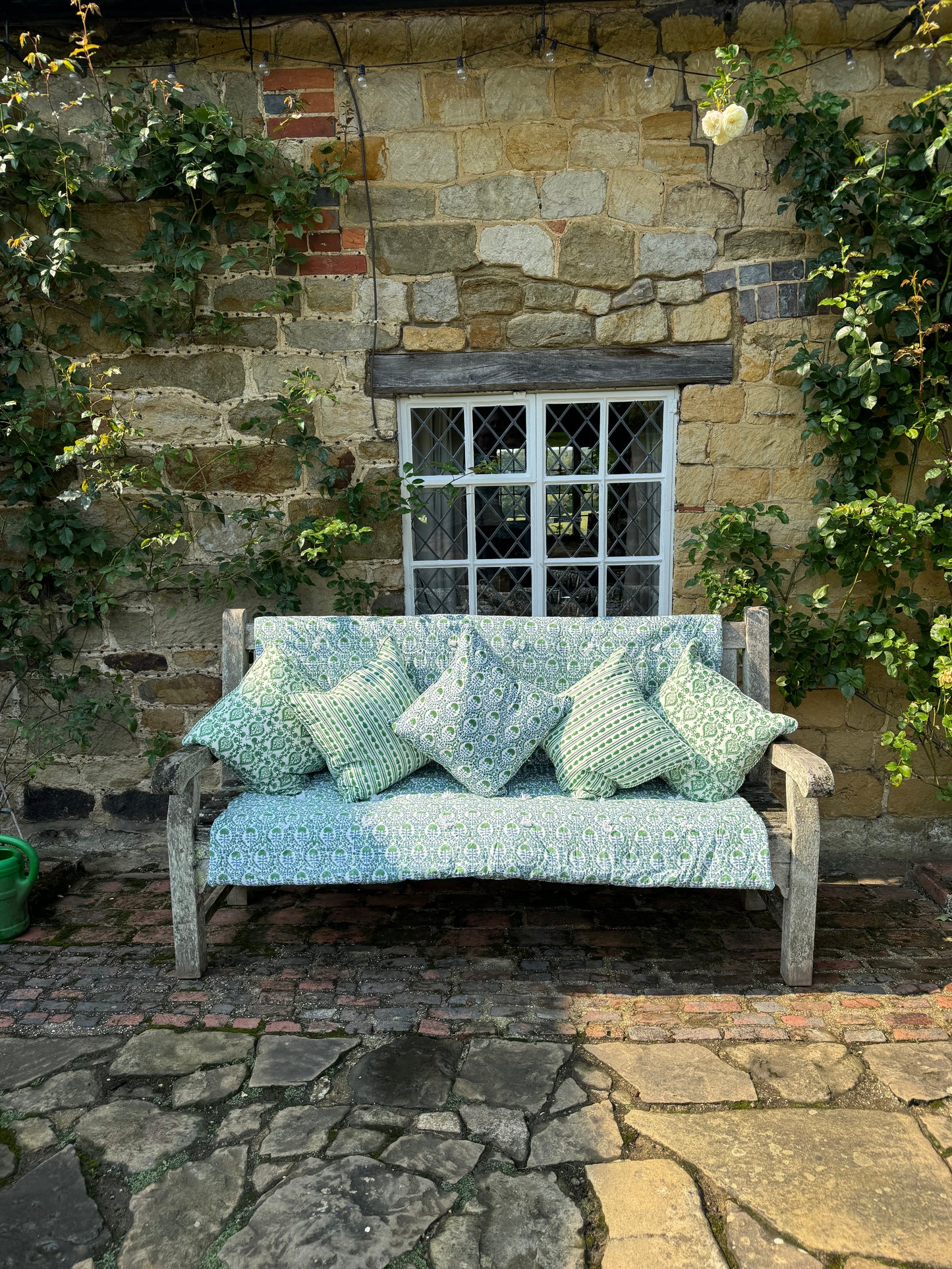 BLUE AND GREEN TRELLIS BENCH QUILT